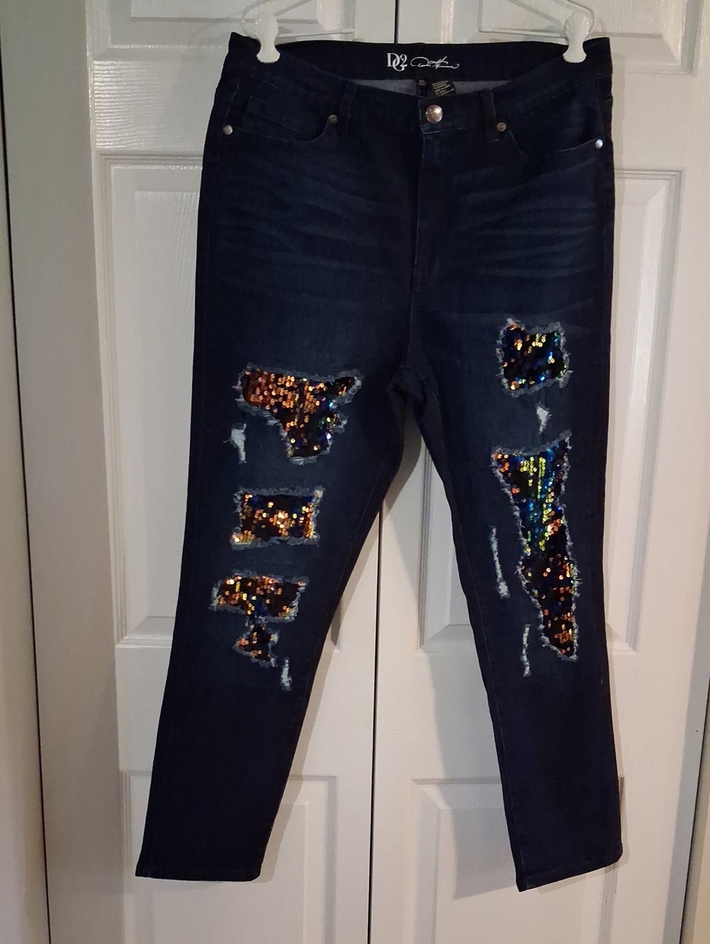 Dark Wash Women’s Jeans with Multicolor Sequin Patches